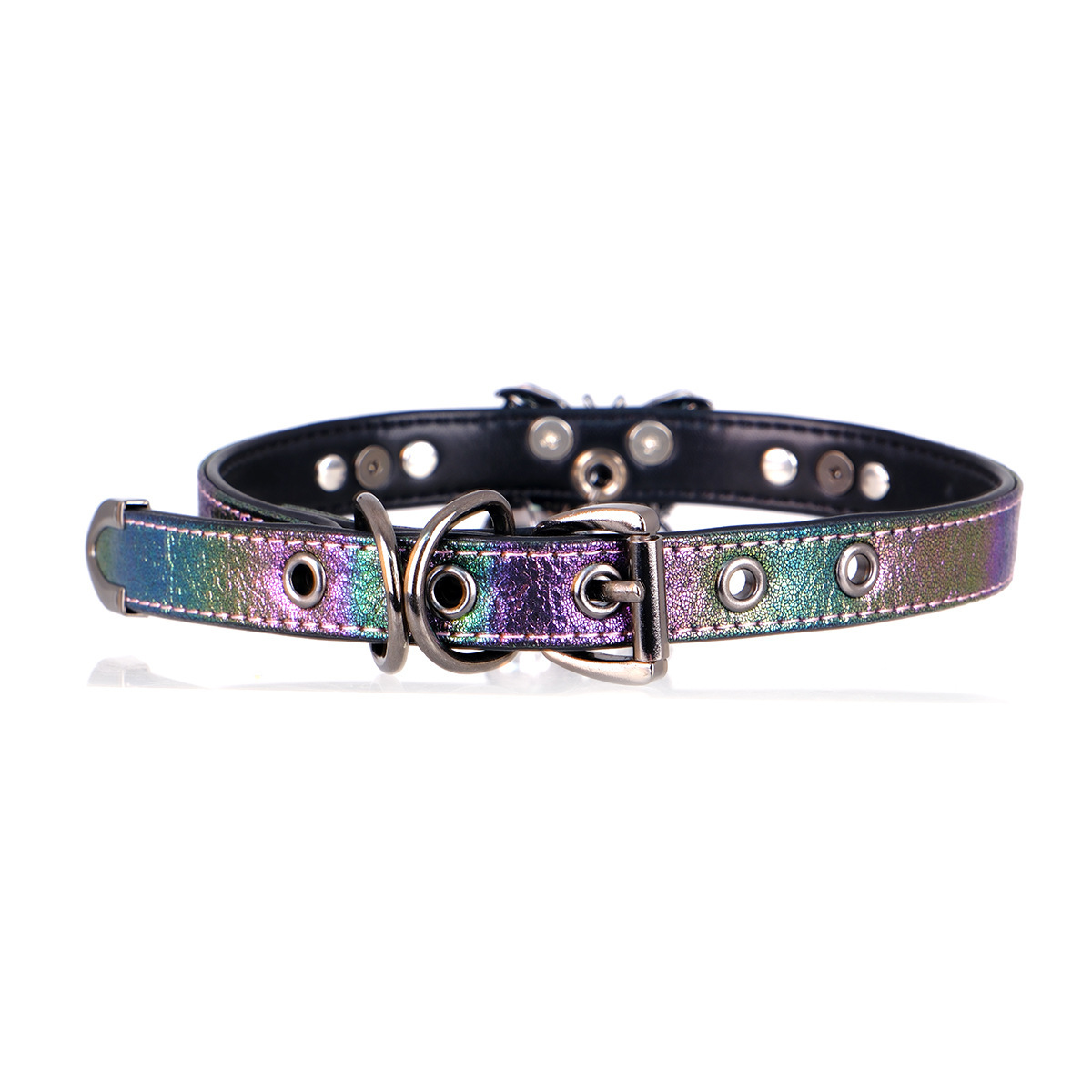 PUPPY Choker ā Holographic Pearl Butterfly BDSM Collar with Leash Ring | Cyber Punk Submissive Neckwear