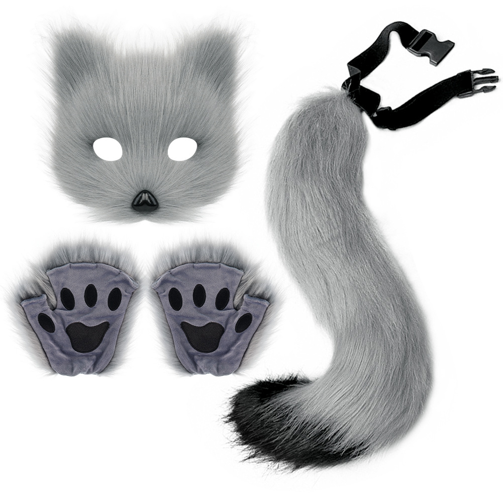 Fox Costume Set โ Realistic Mask, Plush Tail & Gloves for Cosplay & Dress-Up