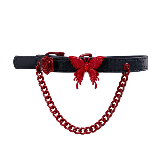 Rose & Red Butterfly Snake-Pattern Collar – Handmade BDSM Punk Puppy Play Choker with Optional Leash Ring