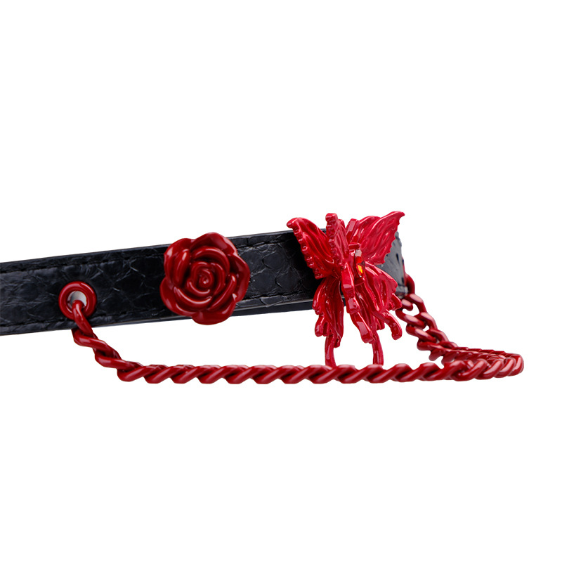 Rose & Red Butterfly Snake-Pattern Collar – Handmade BDSM Punk Puppy Play Choker with Optional Leash Ring