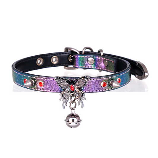 PUPPY Choker – Holographic Pearl Butterfly BDSM Collar with Leash Ring | Cyber Punk Submissive Neckwear