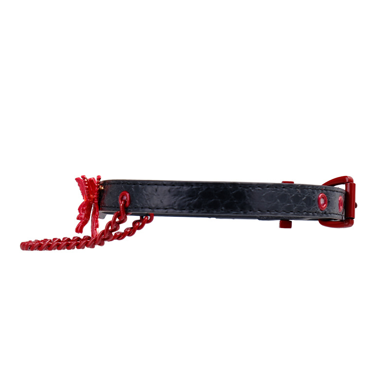 Rose & Red Butterfly Snake-Pattern Collar – Handmade BDSM Punk Puppy Play Choker with Optional Leash Ring