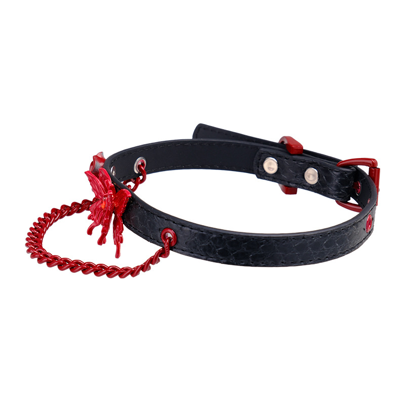 Rose & Red Butterfly Snake-Pattern Collar – Handmade BDSM Punk Puppy Play Choker with Optional Leash Ring