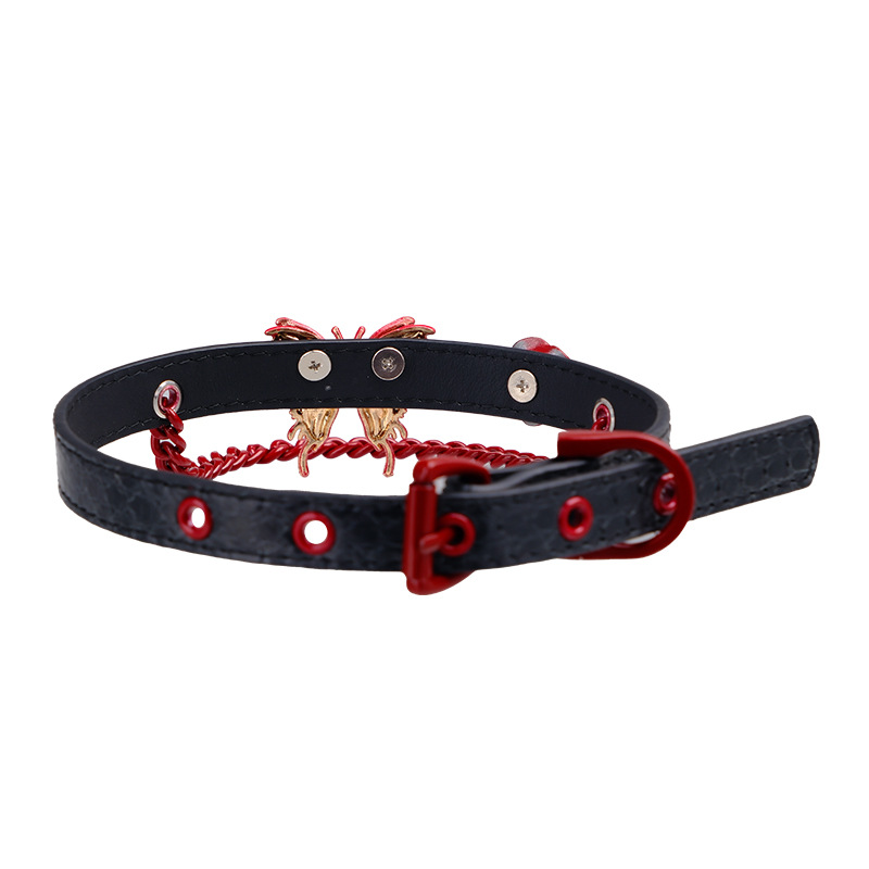 Rose & Red Butterfly Snake-Pattern Collar – Handmade BDSM Punk Puppy Play Choker with Optional Leash Ring