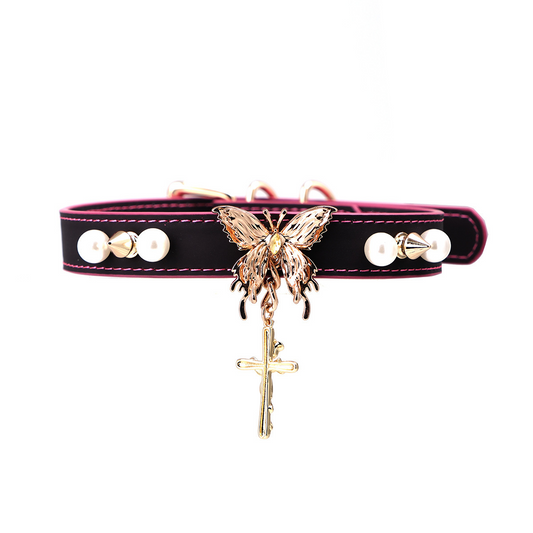 Thermo-Reactive Butterfly & Cross Collar – Heat-Sensitive Punk BDSM Choker for SP & Submissive Expression